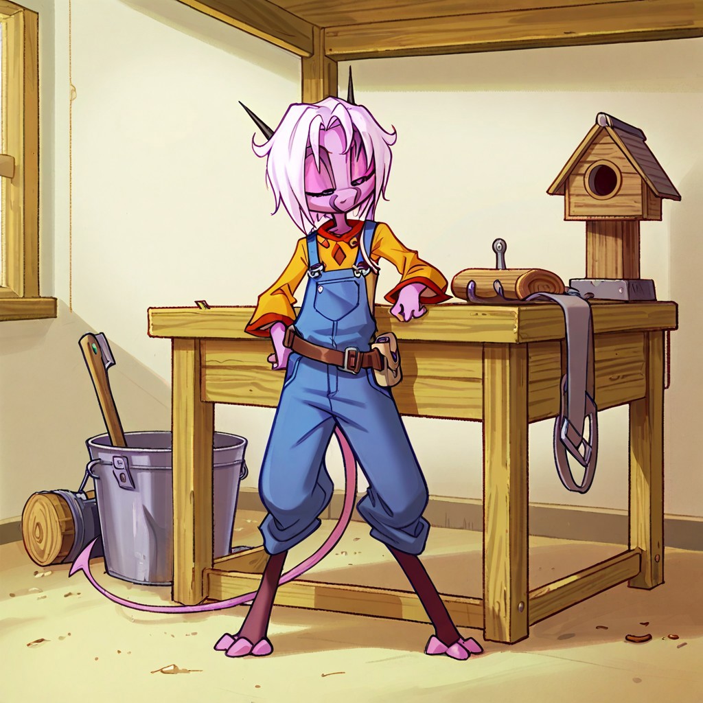 score_9, score_8_up, score_7_up,namah_calah,
1girl,solo,furry,tail, source_furry,horns,
 ,<lora:namah_calah_illustrious:0.8>,
child, kid, 
hammer, wooden_birdhouse, workbench, sawdust, determined_expression, overalls, tool_belt, DIY_project