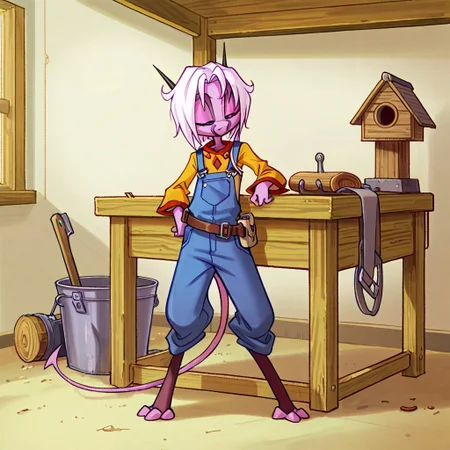 score_9, score_8_up, score_7_up,namah_calah,
1girl,solo,furry,tail, source_furry,horns,
,<lora:namah_calah_illustrious:0.8>,
child, kid,
hammer, wooden_birdhouse, workbench, sawdust, determined_expression, overalls, tool_belt, DIY_project