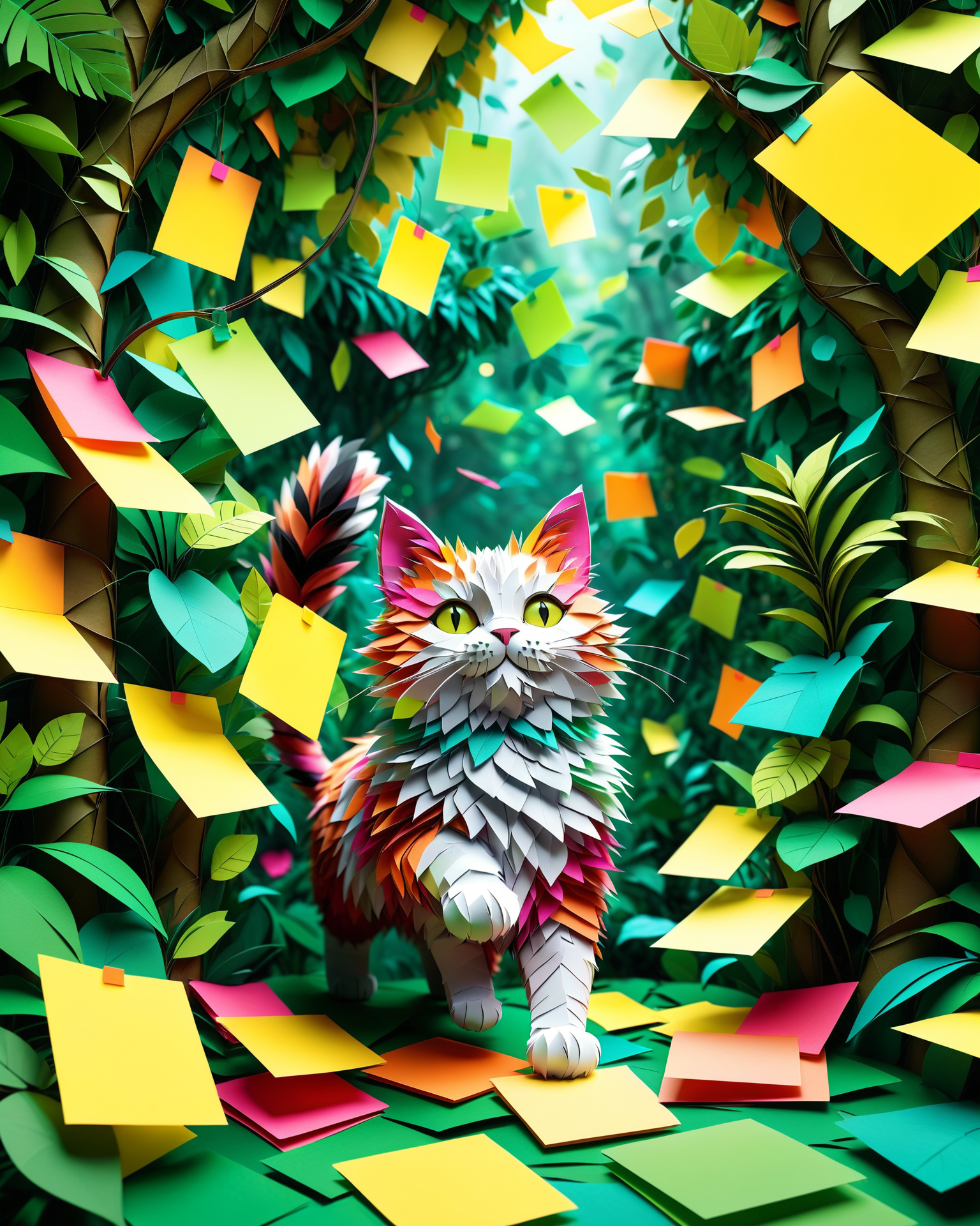 (masterpiece:1.2), (best quality:1.2), highly detailed, realistic texture, sharp details, extremely delicate and beautiful, realistic cg 8k wallpaper
<lora:add-detail-xl:1> <lora:StickyNotesStyle:0.6>  <lora:TQ_-_Paper_Quilling_Art_XL_r1:0.5> (cute:1.2), whimsical, Jed-StickyN, 
 a fluffy Miane cat mid-leap through a dense jungle canopy, where the leaves and vines are bright neon sticky notes, chaotic motion blur, light filtering through the papery foliage, enchanted forest tone