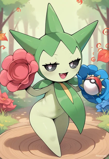 roselia\(pokemon\),pokemon\(creature\),flower hands, thorn hair,black sclera, white pupils,colored skin, half-closed eyes, leaves, 2d, score_9, best quality, happy face, pokeball