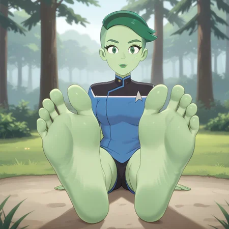 score_9, score_8_up, BREAK, (masterpiece:1.4), (best quality:1.2), solo, perfect anatomy, accurate anatomy, perfect feet, perfect soles, PONYXL_WaifuFeetPics_ownwaifu, solo, D'vana Tendi, orion species, Star Trek, in a starfleet uniform, colored skin, green skin, green freckles, colored hair, green hair, undercut, sexy pose, self portrait, smile, outdoors, sunlight, shadows, evening lighting, natural lighting, forest, trees, grass, orange sky, sunset, (((sitting, barefoot, foot focus, feet, soles)))