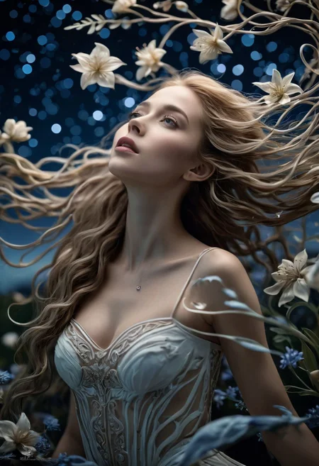 arien_porcelain, Low wide angle full body, dynamic motion, starry night sky scene, an exceptional beautiful woman, her head tilted up to the sky , lush hair flowing in the wind, beautiful wild flowers braided into her long flowing hair, Expressiveh,(best quality:1.1), (detailed), (highres, best quality:1.2) , slender, tiara, most gracefully position, medium sized breast, in the most beautiful setting by a lack with mountains in the background night setting cinematic film still cinematic photo breathtaking score_9, score_8_up, score_7_up, BREAK, 8k, masterpiece, high quality, long flowing hair, necklace, garden, highly detailed, detailed skin, depth of field, film grain, highly detailed, detailed skin, depth of field, film grain, <lora:CinematicStyle_v1:1> . award-winning, professional, highly detailed . 35mm photograph, film, bokeh, professional, 4k, highly detailed . shallow depth of field, vignette, highly detailed, high budget Hollywood movie, bokeh, cinemascope, moody, epic, gorgeous, film grain