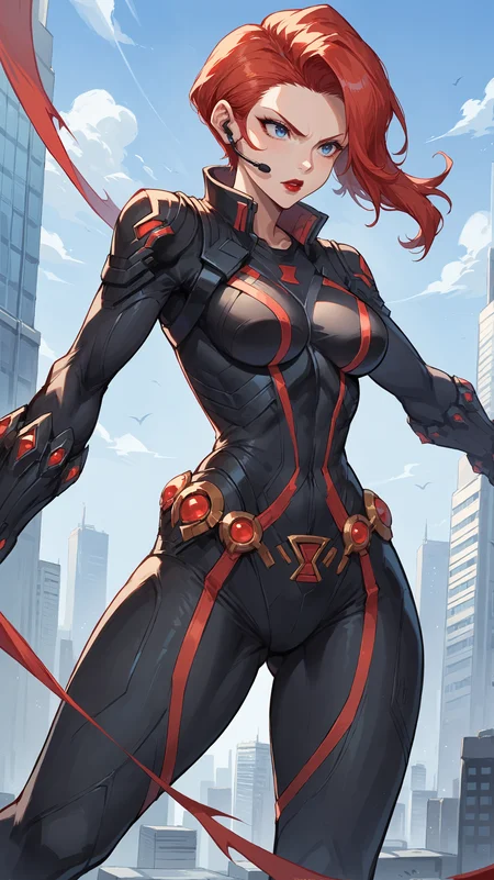 score_9,score_8_up,score_7_up,score_6_up, <lora:xl_more_art-full_v1:0.5>, source_anime, woman, dynamic pose, looking away, <lora:Black Widow - Pony:0.8>, red hair, side swept hair, asymmetrical hair, blue eyes, black bodysuit, multicolored bodysuit, headset, red lips, black gloves, empty hands, rooftops, city, skyscraper, horizon,