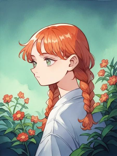 source_anime, score_9, score_8_up, score_7_up, score_6_up, score_5_up, twin braids, flower, ginger hair, grey eyes, <lora:h31k4l4XLP:1> h31k4l4, watercolor