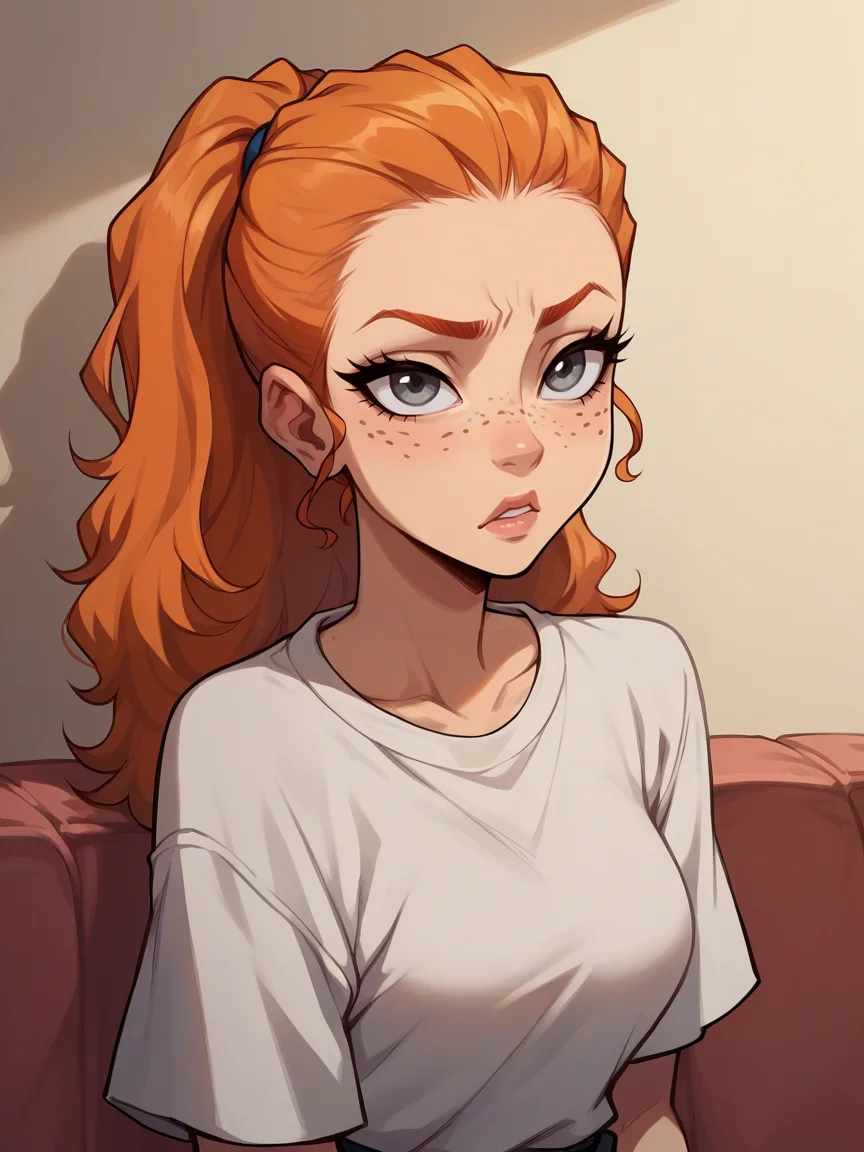 score_9, score_8_up, score_7_up, score_6_up, <lora:b00nd0cksXLP:1> b00nd0cks, 1girl, curvy, ginger hair, grey eyes, freckles,