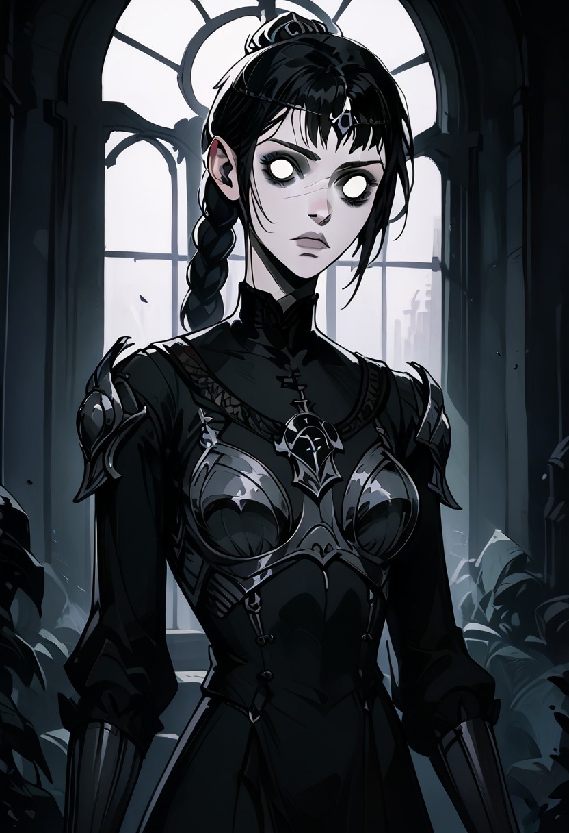 score_9, score_8_up, score_7_up, score_6_up, 1girl, solo, shadowheart, medium breasts, black  hair, black cleric armor, calm, detailed background, church window background, vitrage, GTHAN, blank eyes, dontstarvestyle, muted colors, Gothic, no pupils