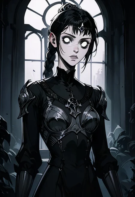 score_9, score_8_up, score_7_up, score_6_up, 1girl, solo, shadowheart, medium breasts, black hair, black cleric armor, calm, detailed background, church window background, vitrage, GTHAN, blank eyes, dontstarvestyle, muted colors, Gothic, no pupils