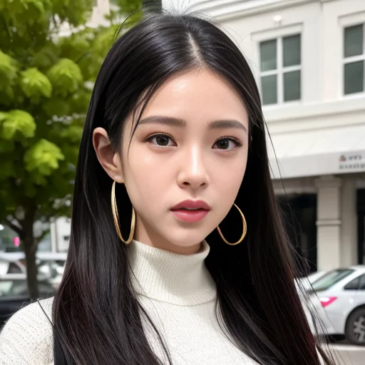 (goddess-like happiness:1.2), Kpop idol, 20 years old, brown eyes, ponytail, (RAW photo:1.2), (photorealistic:1.4), (masterpiece:1.3), (intricate details:1.2), delicate, beautiful detailed, (detailed eyes), (detailed facial features), (turtleneck sweater), petite, small breasts, narrow waist, (looking_at_viewer:1.5), big circle earrings, slim_legs, (skinny), (best quality:1.4), (ultra highres:1.2), cinema light, outdoors, (extreme detailed illustration), (lipgloss, eyelashes, best quality, ultra highres, depth of field, caustics, Broad lighting, natural shading, 85mm, f/1.4, ISO 200, 1/160s:0.75), dynamic pose, <lora:TWbabe5:0.75>