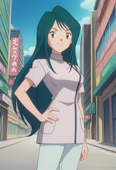 score_9, score_8_up, score_7_up, score_6_up, anime screencap, anime coloring, <lora:PMSuzie:0.9>, PMSuzie, 1girl, solo, long hair, green hair, brown eyes, breasts, 
white coat, short sleeves, white pants,
standing, looking at viewer, seductive smile, hand on own hip, cowboy shot, 
BREAK day, blue sky, cityscape,