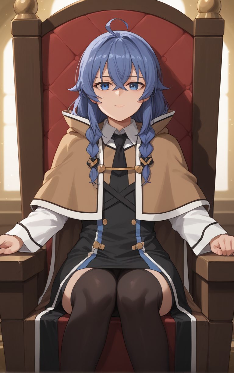 score_9, score_8_up, score_7_up, BREAK
Capelet_RoxyMigurdia_ownwaifu, 
1girl, blue eyes, blue hair, brown capelet, capelet, roxy migurdia, white dress, long hair, hair between eyes, braid, twin braids, brown cape, crossed bangs, long sleeves, bangs, black skirt, white shirt, dress, collared shirt, shirt, cloak,
(sitting on throne, sitting, throne), throne room, straight-on, curtains, light particles, bokeh, loaded interior, indoors, <lora:PONYXL_MushokuTensei_RoxyMigurdia_ownwaifu:0.75>, solo,