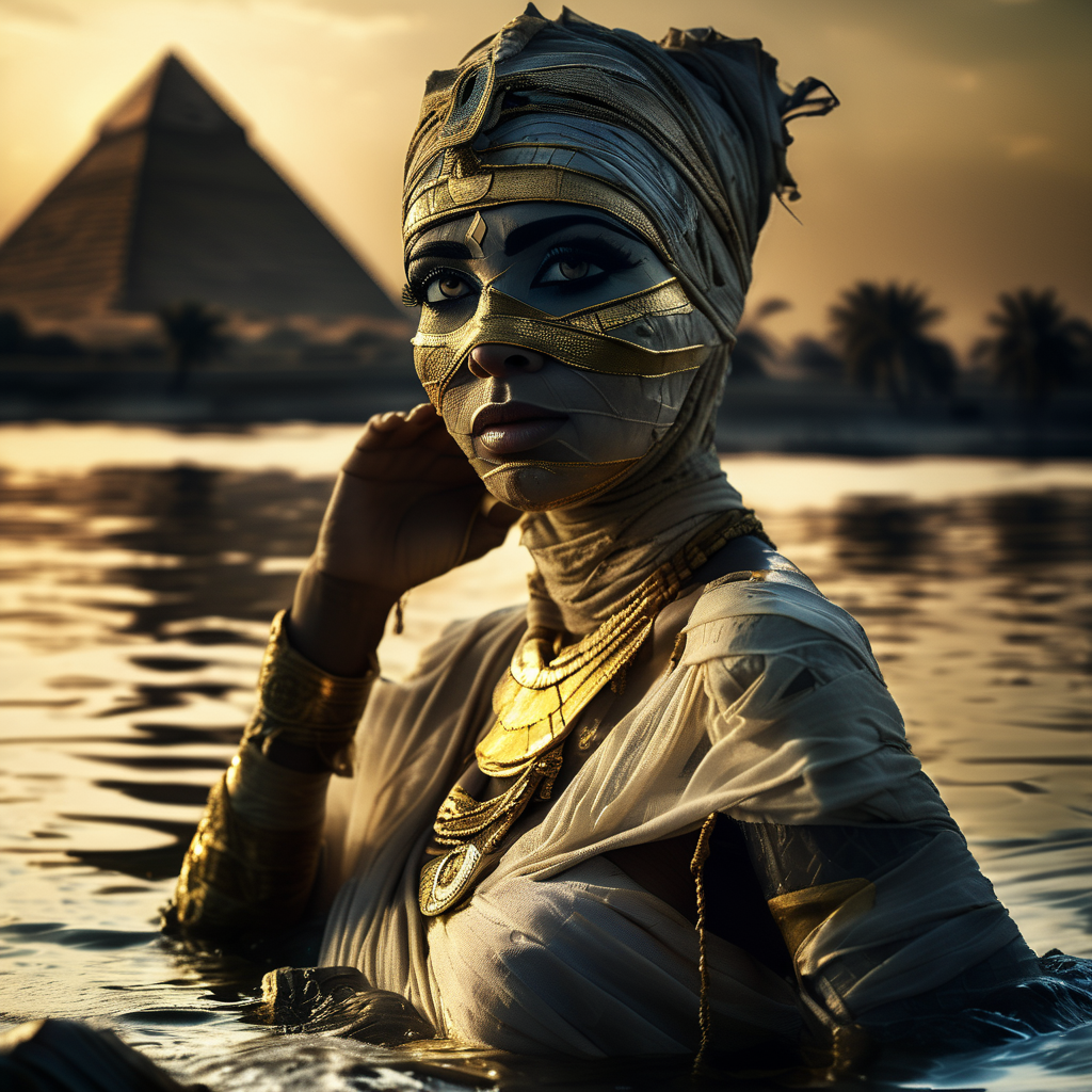 mummy of beautiful Cleopatra with golden eyes taking bath in the waters of the Nile, with the pyramids in the background, bandages, professional photo, very detailed and dramatic, expressive cinematic, darkness, bokeh f1.2<lora:mummy:1>