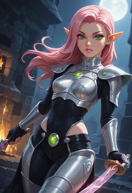 safe_pos, safe_pos, score_9, score_8_up, score_7_up, realistic,zPDXL3, Pov from the side, dynamic pose, beautiful, pink hair, female elf, glowing green eyes, long hair, small breasts, pink lipstick, parted lips, dark black armor with silver glowing details, holding enchanted shortsword, the sword is black with silver glowing details, dungeon background,
BREAK
(8k uhd:1,4)
(((full clothed)))
<lora:add-detail-xl:1>
<lora:Dynamic Poses:1>
<lora:DandonFuga_Style_v.2_-_Pony:0.8>