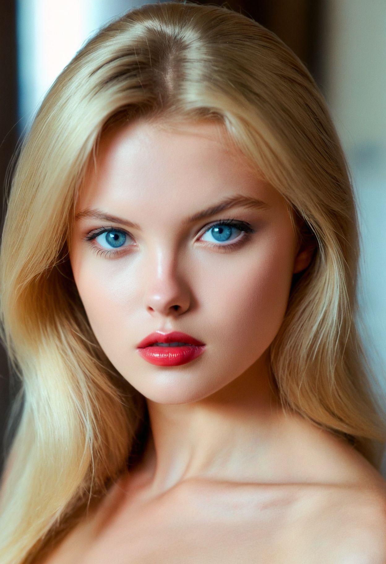 photo blonde ((slavic Kisa)) woman indoors, (face closeup, provocative expression), glossy lipstick, blue eyes, (soft focus, depth of field), ((looking at viewer, film grain, masterpiece)) <lora:EuroBabe-v4-XL:0.6>