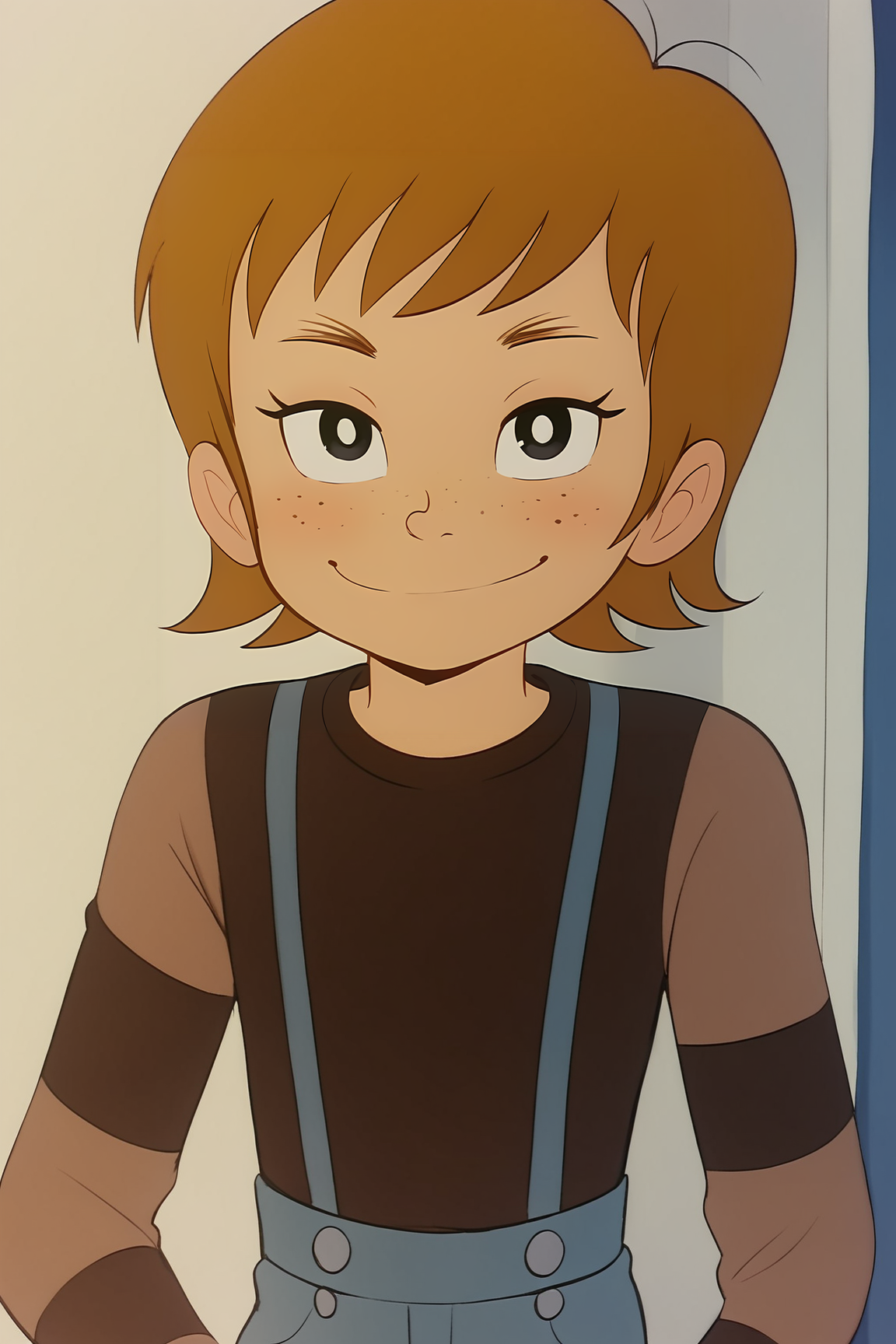 score_9, score_8_up, score_7_up, score_6_up, BREAK, RabiMMXL, black eyes, brown hair, short hair, bangs, freckles, 1boy, flat chest, brown striped shirt, long sleeves, suspenders, blue pants, striped socks, orange shoes, solo, front view, (portrait, upper body), solo focus, seductive smile, looking at viewer, indoors <lora:RabiMMXL:1>
