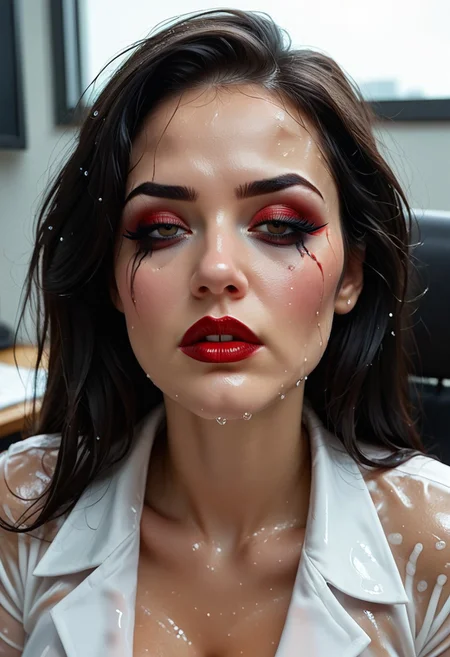Rapes Busty strict hot office lady boss, dark hair, dark makeup, Red lips, light short white office dress, deep neckline, wet, hot, Tired