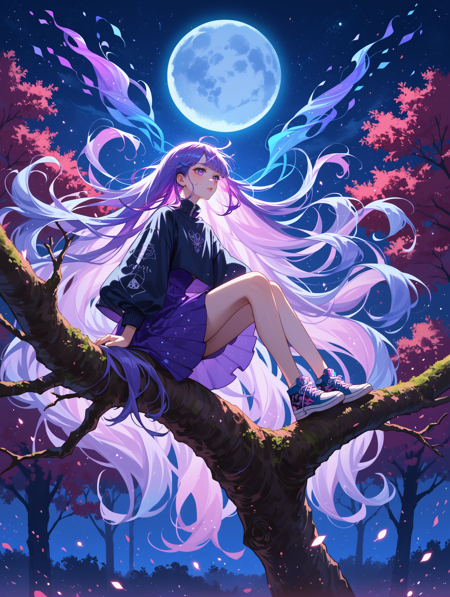 score_9, score_8_up, score_7_up, source_anime,
surreal, 
1girl,Kpop idol, very long hair, floating hair,glowing hair, 
 night scene,moon in the sky,purple hues,starry night,dreamlike atmosphere,glowing edges,mystical,high contrast,ethereal light,sitting on a tree branch,light particles,