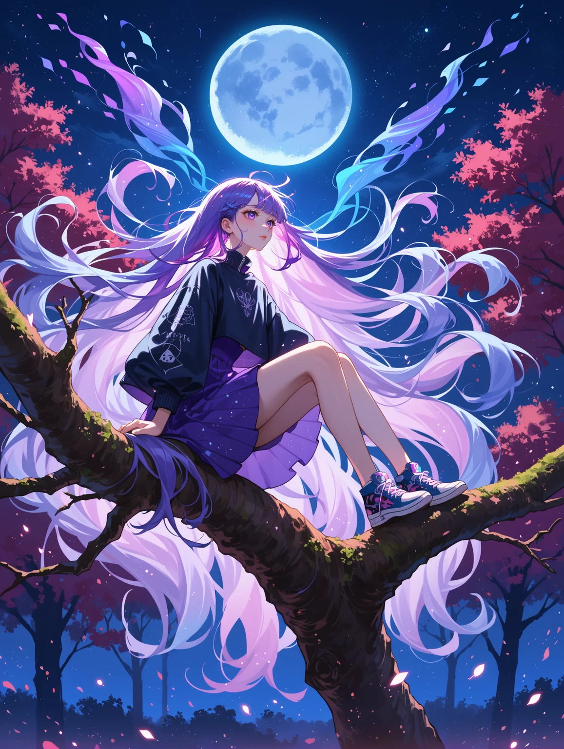 score_9, score_8_up, score_7_up, source_anime,
surreal,
1girl,Kpop idol, very long hair, floating hair,glowing hair,
night scene,moon in the sky,purple hues,starry night,dreamlike atmosphere,glowing edges,mystical,high contrast,ethereal light,sitting on a tree branch,light particles,