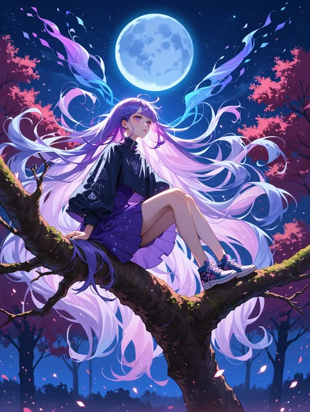 score_9, score_8_up, score_7_up, source_anime,
surreal,
1girl,Kpop idol, very long hair, floating hair,glowing hair,
night scene,moon in the sky,purple hues,starry night,dreamlike atmosphere,glowing edges,mystical,high contrast,ethereal light,sitting on a tree branch,light particles,