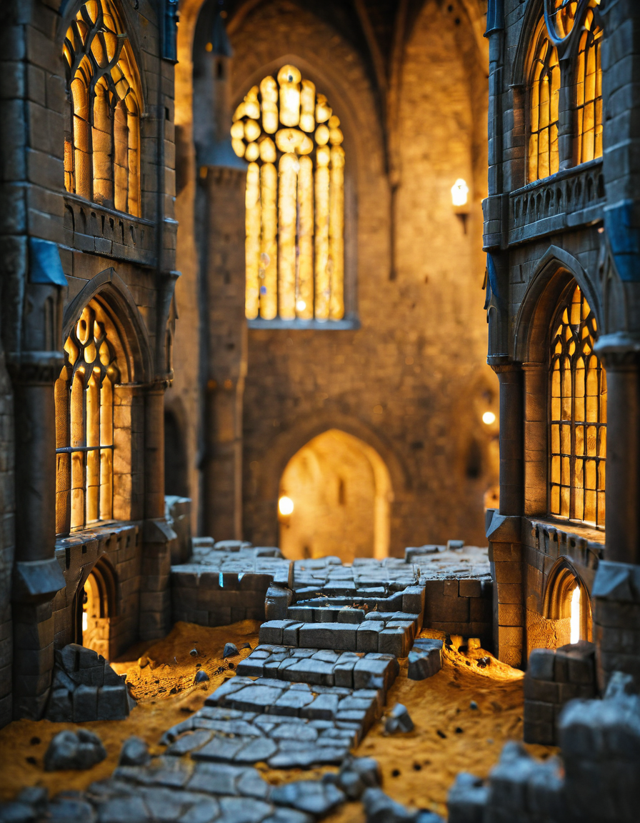 <lora:MW_Minis02xlc:1> m1md, absurdres, arches, bokeh, closeup, crumbled ground, dark blue, epic, epic details, epic scale, medieval city, medieval windows, mist, yellow
