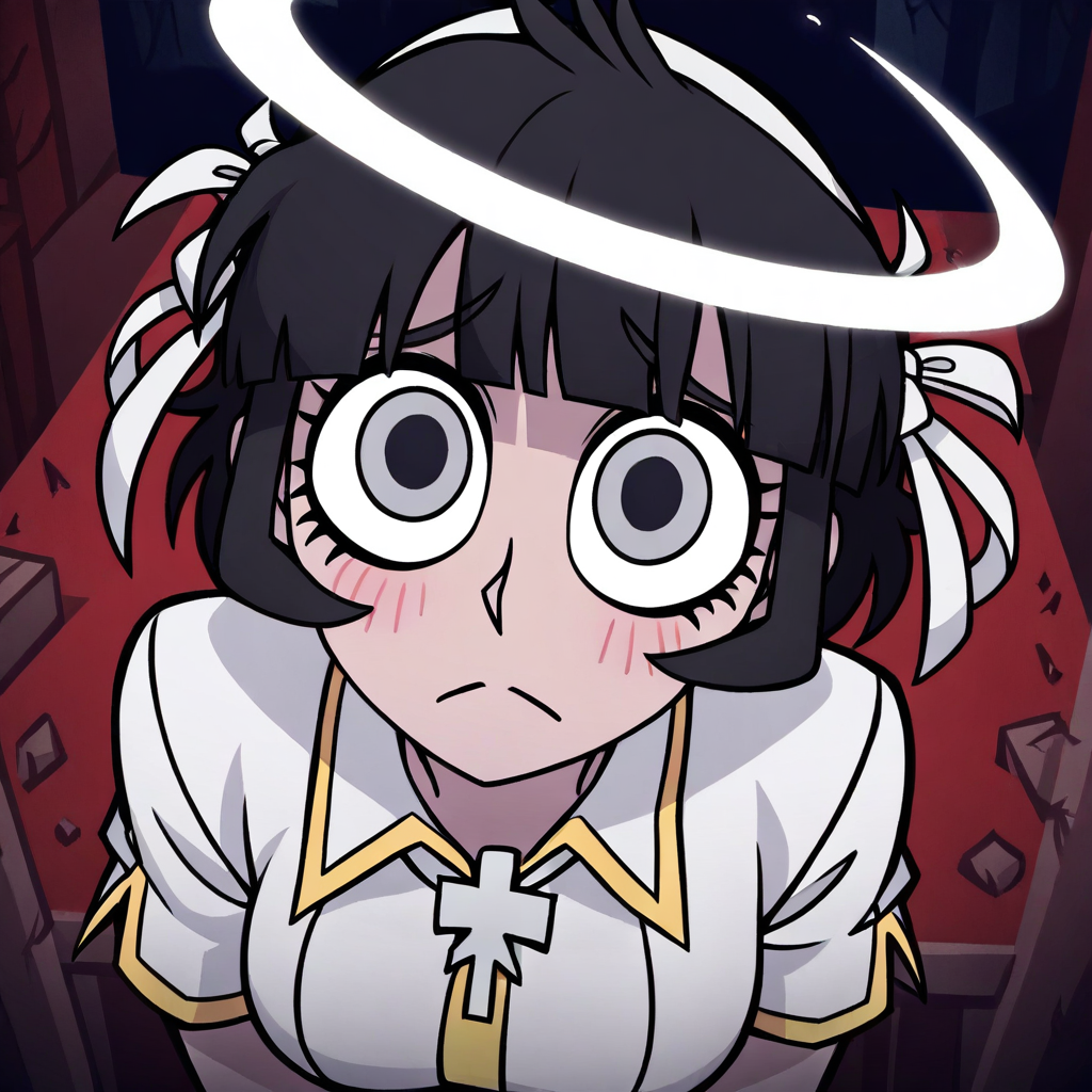 masterpiece, best quality, newest, absurdres, highres, anime, anime style, P/PEV1.0, pleading eyes,  1girl, azazel (helltaker), short hair, black hair, halo, white shirt,