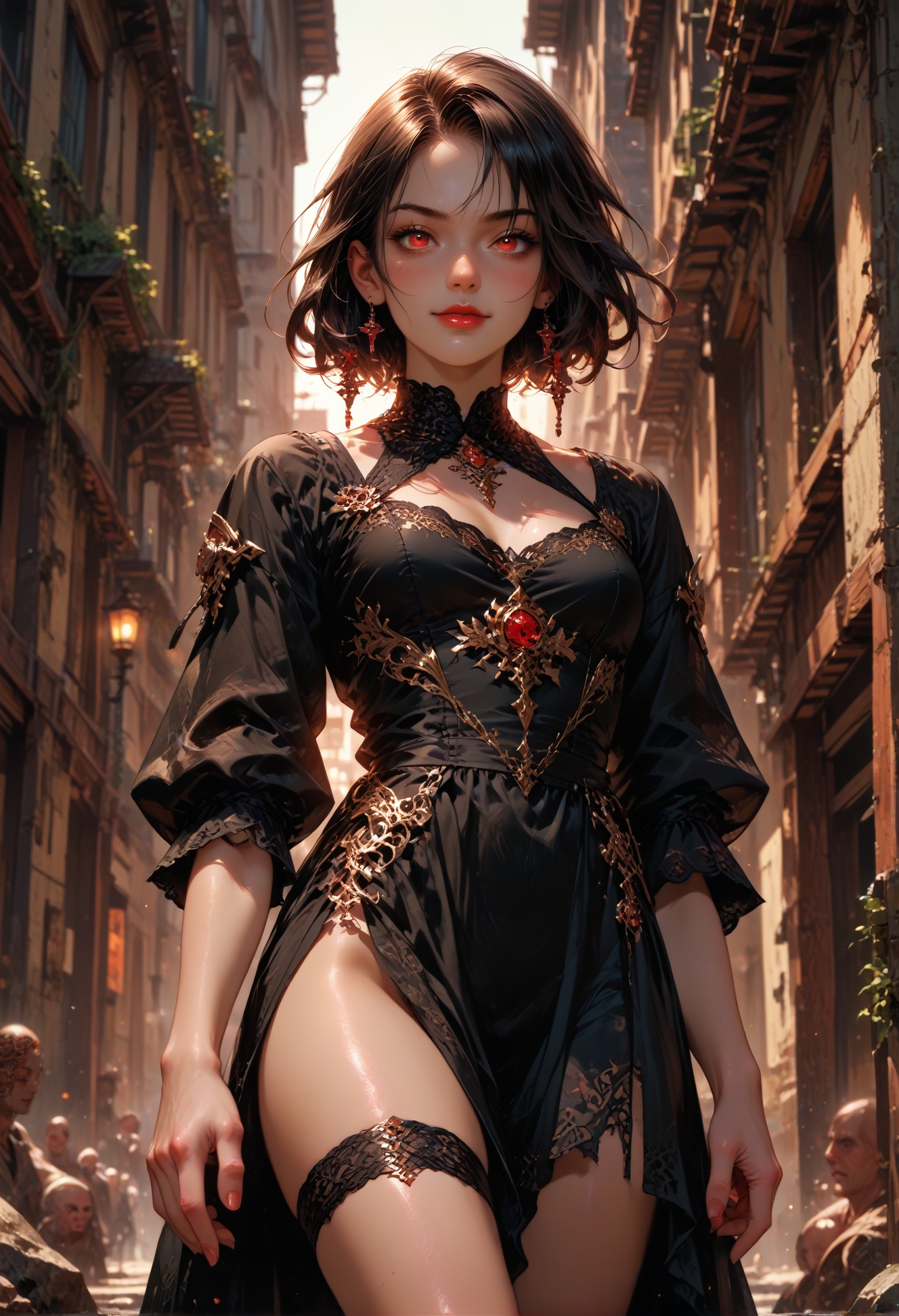 score_9,score_8_up,score_7_up,embedding:zPDXL2, film grain,Cinematic Lighting, Expressiveh,th3rm4l,colorful, MythAn1m3, source_anime, 1girl, vampire, dark dress, thigh strap, red lips, blush, smile, black hair, red eyes,fantasy,solo focus,epic, dynamic angle, concept art, realistic, highly detailed<lora:增强\(收藏)\sdxl_lightning_8step_lora.safetensors:1.0:1.0> <lora:增强\(收藏)\Expressive_H-000001.safetensors:0.4:0.4> <lora:增强\(收藏)\Hands XL 4.safetensors:1.0:1.0> <lora:增强\(收藏)\glowneon_xl_v1.safetensors:0.5:0.5> <lora:extremely detailed (no trigger).safetensors:0.75:0.75> <lora:增强\(收藏)\sinfully_stylish_PONY_0.2.safetensors:0.4:0.4> <lora:Velvet's Mythic Fantasy Styles Anime Illustrations.safetensors:0.8:0.8>