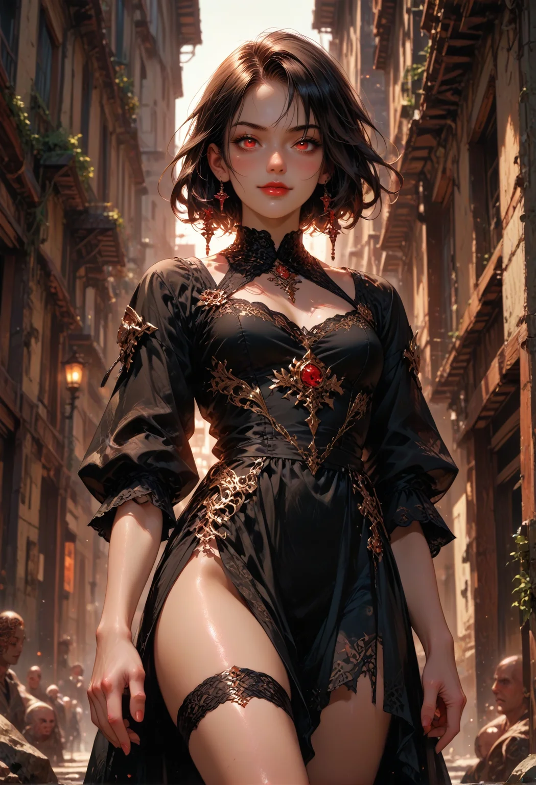 score_9,score_8_up,score_7_up,embedding:zPDXL2, film grain,Cinematic Lighting, Expressiveh,th3rm4l,colorful, MythAn1m3, source_anime, 1girl, vampire, dark dress, thigh strap, red lips, blush, smile, black hair, red eyes,fantasy,solo focus,epic, dynamic angle, concept art, realistic, highly detailed<lora:增强\(收藏)\sdxl_lightning_8step_lora.safetensors:1.0:1.0> <lora:增强\(收藏)\Expressive_H-000001.safetensors:0.4:0.4> <lora:增强\(收藏)\Hands XL 4.safetensors:1.0:1.0> <lora:增强\(收藏)\glowneon_xl_v1.safetensors:0.5:0.5> <lora:extremely detailed (no trigger).safetensors:0.75:0.75> <lora:增强\(收藏)\sinfully_stylish_PONY_0.2.safetensors:0.4:0.4> <lora:Velvet's Mythic Fantasy Styles Anime Illustrations.safetensors:0.8:0.8>