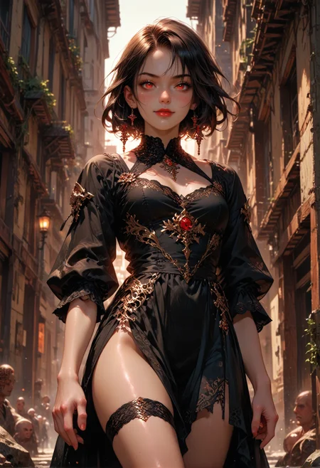 score_9,score_8_up,score_7_up,embedding:zPDXL2, film grain,Cinematic Lighting, Expressiveh,th3rm4l,colorful, MythAn1m3, source_anime, 1girl, vampire, dark dress, thigh strap, red lips, blush, smile, black hair, red eyes,fantasy,solo focus,epic, dynamic angle, concept art, realistic, highly detailed<lora:增强\(收藏)\sdxl_lightning_8step_lora.safetensors:1.0:1.0> <lora:增强\(收藏)\Expressive_H-000001.safetensors:0.4:0.4> <lora:增强\(收藏)\Hands XL 4.safetensors:1.0:1.0> <lora:增强\(收藏)\glowneon_xl_v1.safetensors:0.5:0.5> <lora:extremely detailed (no trigger).safetensors:0.75:0.75> <lora:增强\(收藏)\sinfully_stylish_PONY_0.2.safetensors:0.4:0.4> <lora:Velvet's Mythic Fantasy Styles Anime Illustrations.safetensors:0.8:0.8>