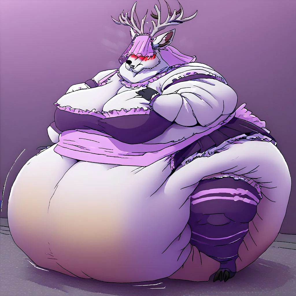 bbvicamelia, antlers, big antlers, veil, frilly veil, immobile, fat, chubby, plump, obese, large breasts, big butt, fat cheeks, wearing dr3ss, satin maid outfit, short poofy voluminous skirt, frills, apron, thighhighs, takeda hiromitsu style, diaper, big diaper, purple diaper, huge diaper, massive diaper, blue diaper, pink diaper, blush, waddle