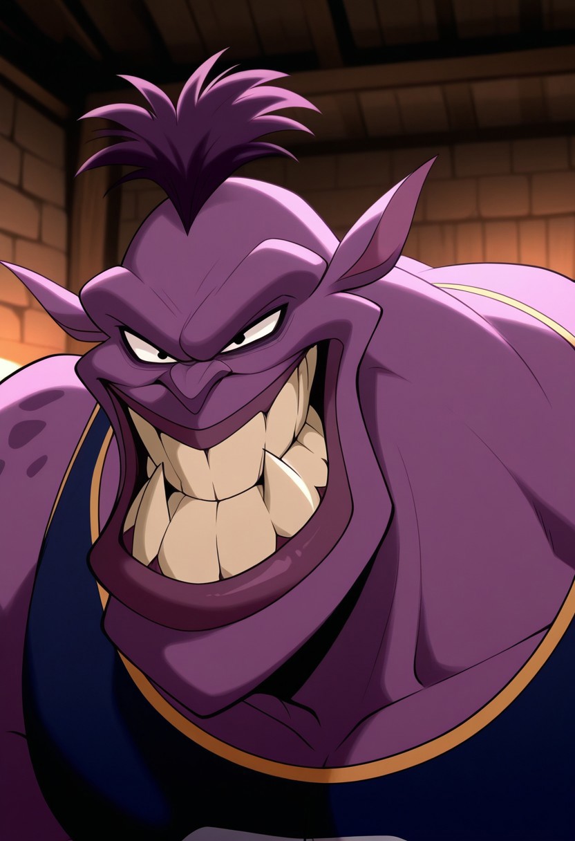 <lora:BupkusSJV3:0.8>, BupkusSJ, solo, colored skin, purple skin, black eyes, fangs out, muscular, grin, face focus, portrait, tank top, crop top, BREAK masterpiece, best quality, amazing quality, very aesthetic, high resolution, 4K, extremely-detailed, depth of field, separate focus, newest, scenery, detailed muscles, cinematic lighting