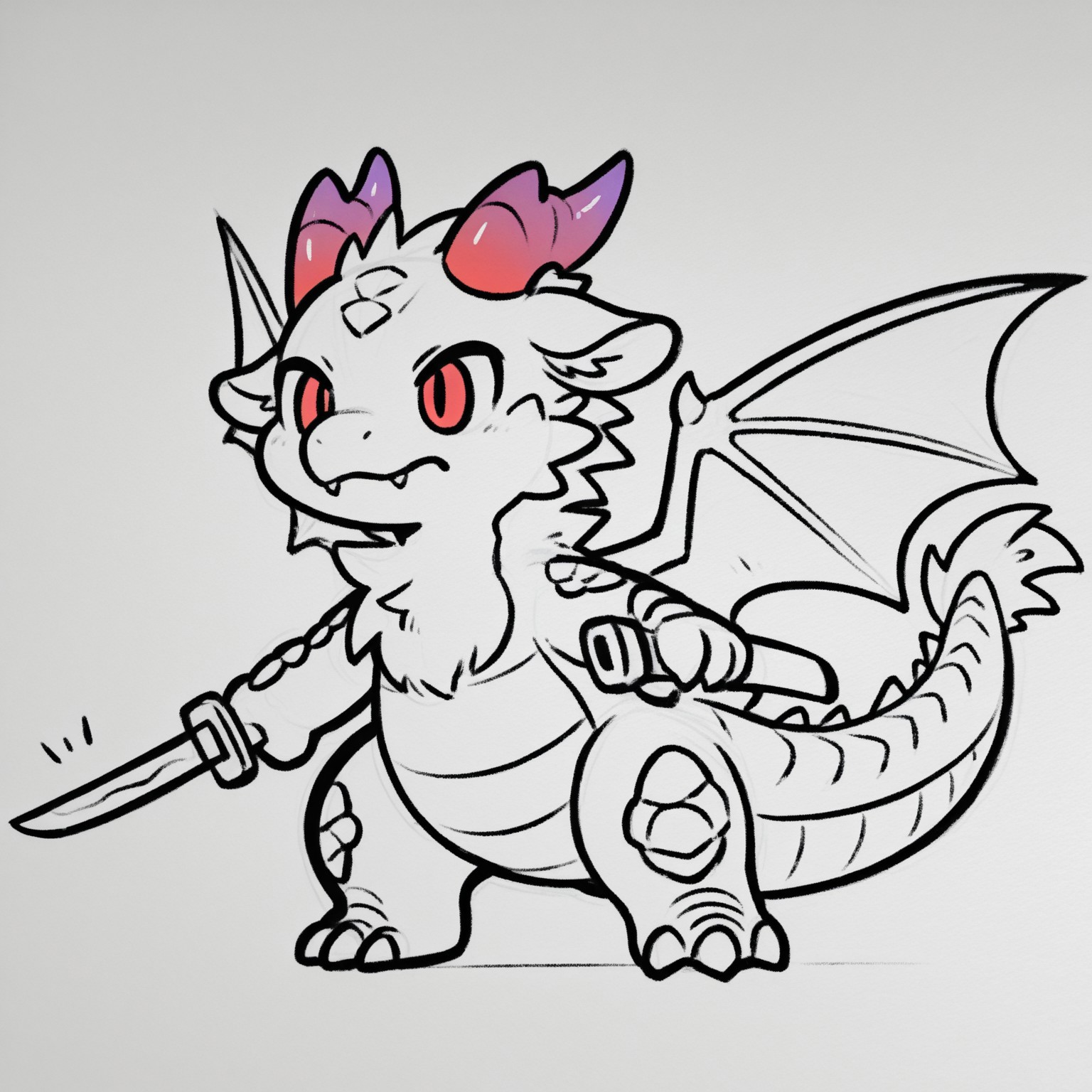 dragon girl,furry,holding katana,drawing,(traditional media, sketch, monochrome, greyscale),black dragon,red eyes,red horns,metal scales,fangs,cute,huge wings,purple horns,curved horns,shiny sclaes,lineart,thick lines,sollid lines,sketchy,sketch,Flatline, Flat vector illustration,full body,fluffy tail,chest tuft,neck tuft,clean lines,empty background,mesys lines,erased lines