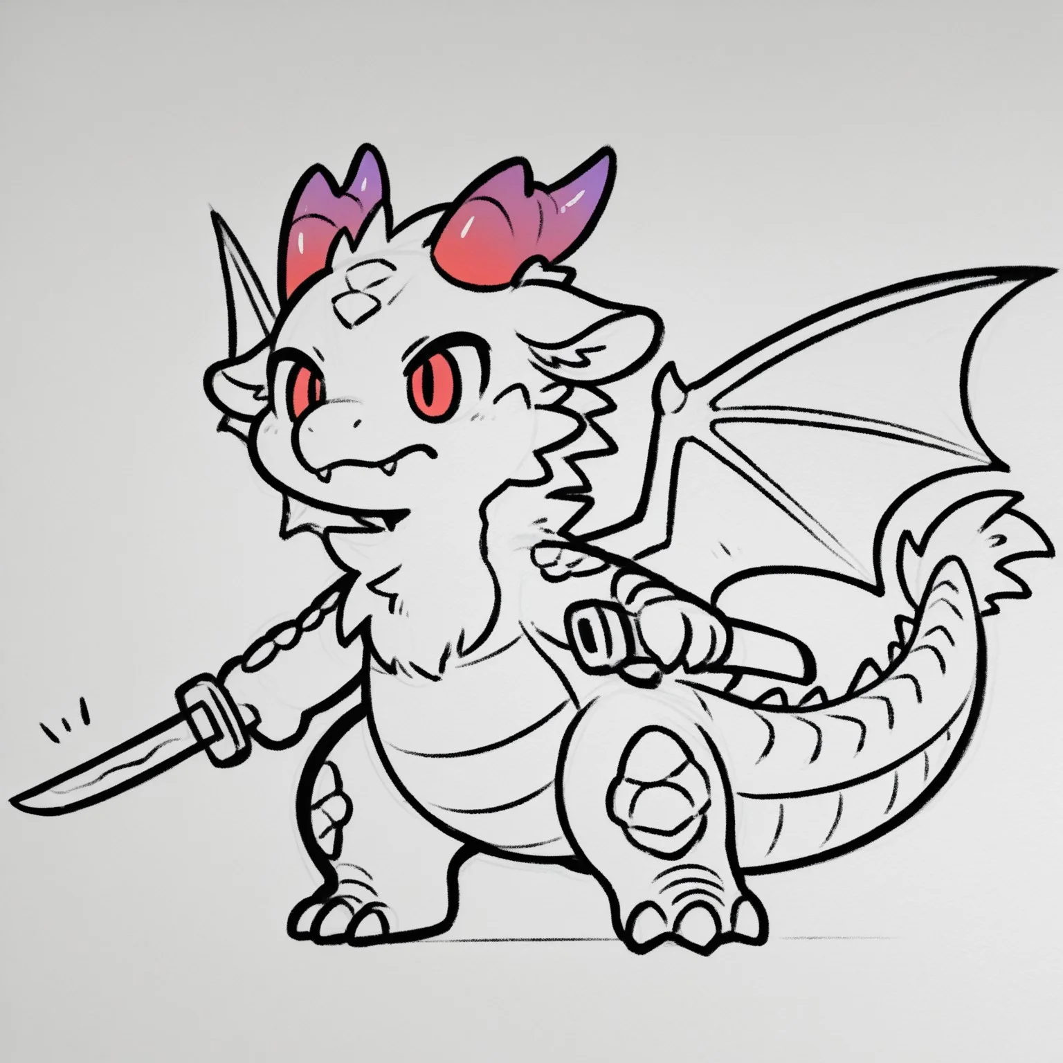 dragon girl,furry,holding katana,drawing,(traditional media, sketch, monochrome, greyscale),black dragon,red eyes,red horns,metal scales,fangs,cute,huge wings,purple horns,curved horns,shiny sclaes,lineart,thick lines,sollid lines,sketchy,sketch,Flatline, Flat vector illustration,full body,fluffy tail,chest tuft,neck tuft,clean lines,empty background,mesys lines,erased lines
