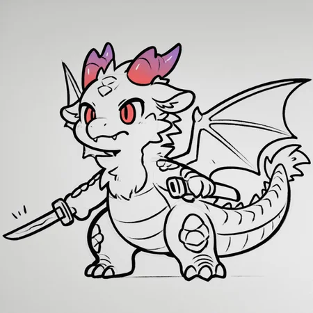 dragon girl,furry,holding katana,drawing,(traditional media, sketch, monochrome, greyscale),black dragon,red eyes,red horns,metal scales,fangs,cute,huge wings,purple horns,curved horns,shiny sclaes,lineart,thick lines,sollid lines,sketchy,sketch,Flatline, Flat vector illustration,full body,fluffy tail,chest tuft,neck tuft,clean lines,empty background,mesys lines,erased lines