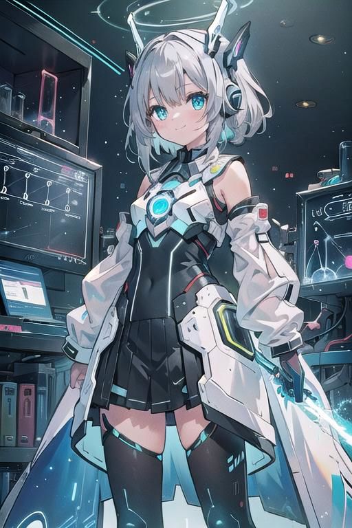 (masterpiece), (science fiction:1.4), 1girl, standing, smile, silver hair, aqua eyes, headgear, long sleeves, detached sleeves, glowing energy clothing, light particles