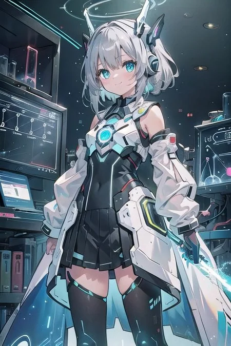 (masterpiece), (science fiction:1.4), 1girl, standing, smile, silver hair, aqua eyes, headgear, long sleeves, detached sleeves, glowing energy clothing, light particles