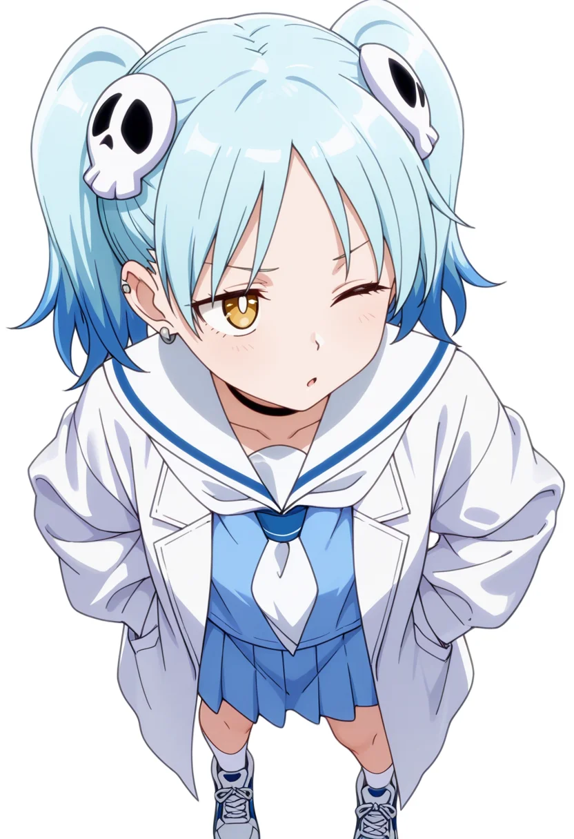 masterpiece,high quality details, absurdres,
<lora:Izutsumi_Marín:0.8>
izutsumi_cnr, 1girl, blue hair,yellow eyes, multicolored hair, skull hair ornament, twintails, black choker,ear piercing,
white sailor collar, blue serafuku, blue shirt,blue skirt,labcoat, white socks, sneakers,, envy,thinking,, ;o,, simple background, white background, from above,solo,