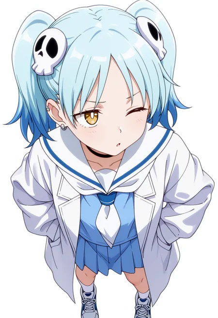 masterpiece,high quality details, absurdres,
<lora:Izutsumi_Marín:0.8>
izutsumi_cnr, 1girl, blue hair,yellow eyes, multicolored hair, skull hair ornament, twintails, black choker,ear piercing,
white sailor collar, blue serafuku, blue shirt,blue skirt,labcoat, white socks, sneakers,, envy,thinking,, ;o,, simple background, white background, from above,solo,