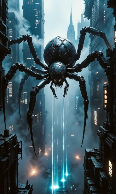 A giant mechanical spider weaving a web between skyscrapers in a rain-soaked cyberpunk city, each thread glowing blue with electric energy.<lora:flux1-D\flux.1_lora_flyway_ink-dynamic.safetensors:0.8:0.8> <lora:flux1-D\flux.1_lora_flyway_Epic-detail_v2.safetensors:0.8:0.8> <lora:flux1-D\FluxGhost-000001.safetensors:0.55:0.55>