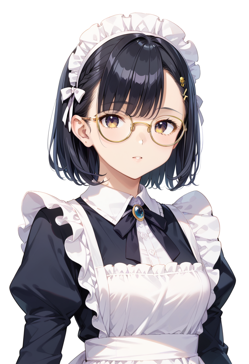 score_9, score_8_up, score_7_up, rating_safe, masterpiece, best quality, absurdres, unity 8k wallpaper, official art, official style, source_anime, uncensored, game cg, megami magazine,
1girl, solo, black hair, medium hair, upper body, covered eyes,maid, maid headdress, black dress, maid apron, face focus,
round_glasses22A, glasses, still life, white background, simple background, yellow-framed eyewear,
 <lora:glasses_Round_PONY_V1:1>