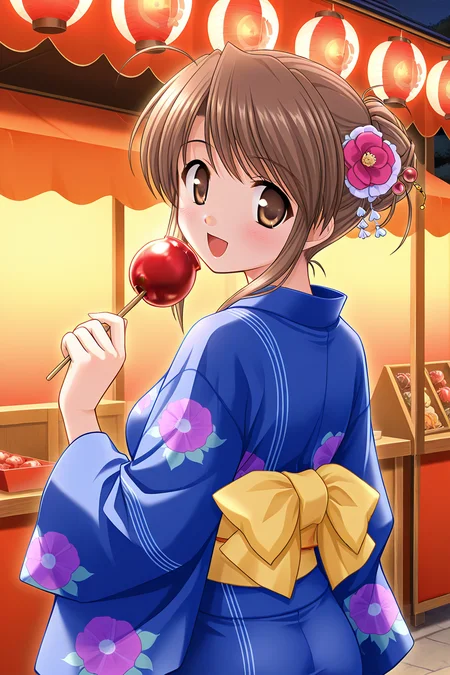 masterpiece, best quality, absurdres, official art, official style, rating general BREAK <lora:fujiedahonami_IL_v1-5:0.7>, fujieda honami, 1girl, solo, brown eyes, yellow eyes, brown hair, grey hair, ahoge, bangs, medium breasts BREAK short hair, hair up, single hair bun, japanese clothes, yukata, kanzashi, blue kimono, print kimono, floral print, long sleeves, wide sleeves, yellow obi, sash, open mouth, smile, :d, blush, standing, looking at viewer, candy apple, holding candy apple, food, outdoors, festival, summer festival, bag, food stand, back, from behind, ass, looking back, leaning back, dynamic pose