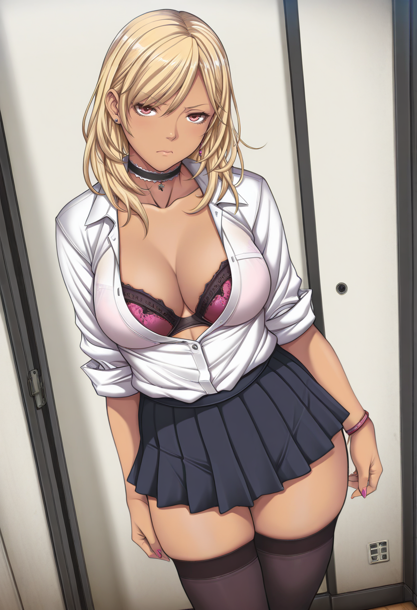 masterpiece, best quality,
 <lora:Sei_Shoujo_Style:1> S31_Sh0uj0, 1girl, solo,standing, looking at viewer, disdain,blonde hair, medium hair, gyaru, medium breasts,school uniform, skindentation, cleavage, skirt, thighhighs, choker, earrings, sleeves rolled up, underwear, bra,