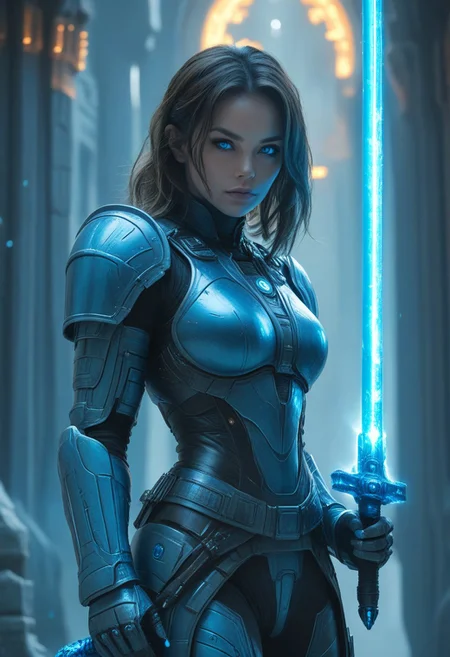 1woman, heavy scifi armor, Holding Plasma Sword, blue plasma sword, temple background,