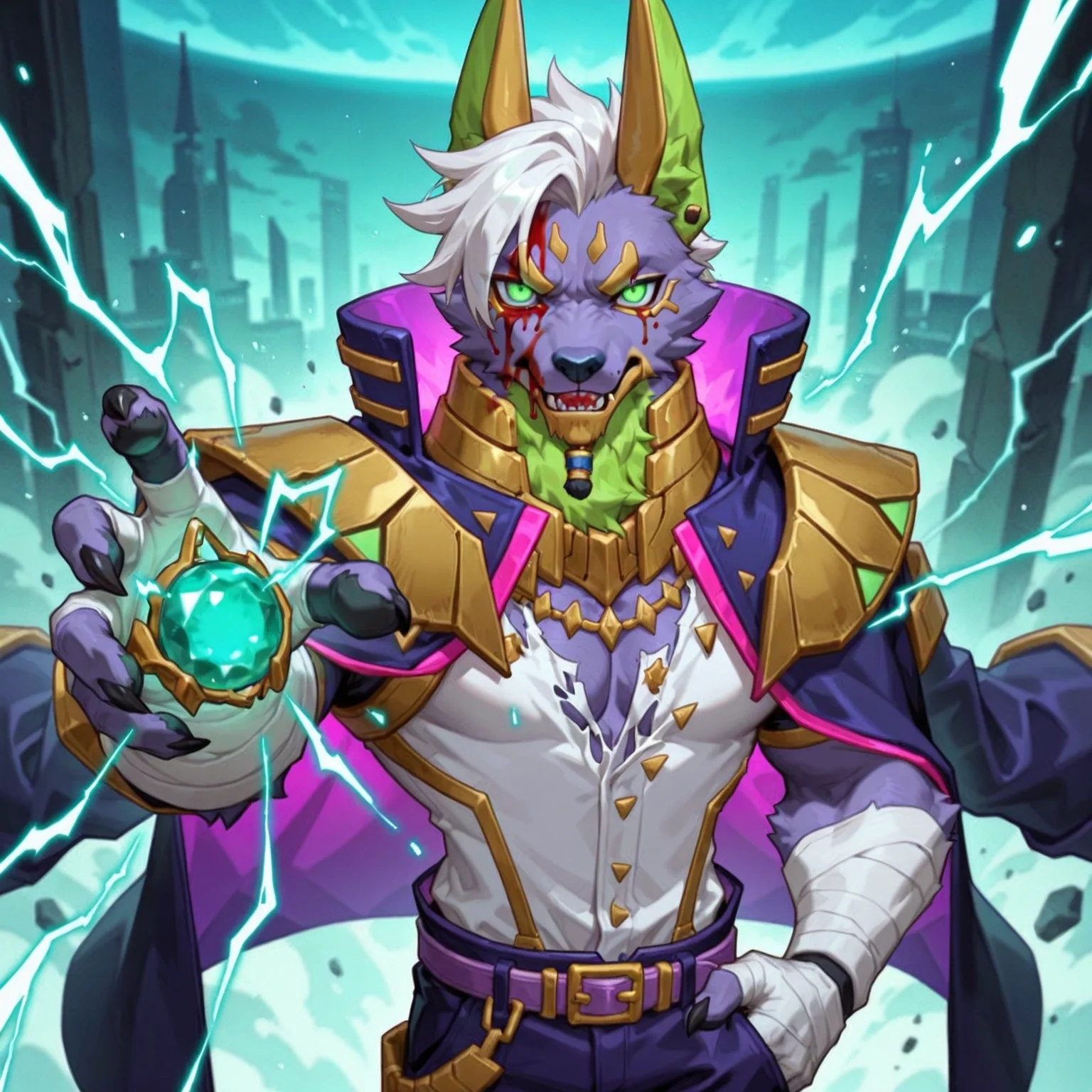 Score_9, score_8_up, score_7_up,result_9, result_8, result_7, result_6, masterpiece,solo.(Ultra best details), best quality, good binding quality,4k, ,1boy, 50lly2, (sharp focus, perfect_anatomy), , detailes face, detailed fur, amazing quality, very aesthetic,highres, absurdres, 2023, 2024, Anubis_(AL),white hair,green eyes,open jacket,white shirt,purple pants,brown footwear,stand-up collar,necklace with gems, upper body, frontal view, from front, looking at viewer, hand on pocket, electricity, frown, glowing eyes, raised arm, dynamic pose, bleeding, blood_on_face, torn clothes