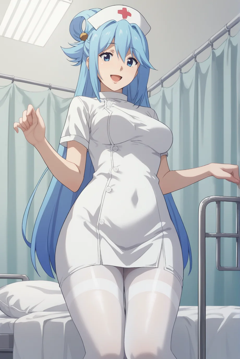 score_9, score_8_up, score_7_up, score_6_up, score_5_up, score_4_up, BREAK source_anime, 1girl, solo,
<lora:AquaXL-v1-07:0.7>, ChopioAqua, blue hair, long hair, very long hair, hair ornament, hair between eyes, blue eyes, looking at viewer, 
mature female, (thick thighs:0.8), medium breasts,
single hair ring,
outfit_5, nurse, nurse cap, white pantyhose, white dress, thighband pantyhose, 
hospital, white curtain, hospital bed, standing, smile, open mouth,