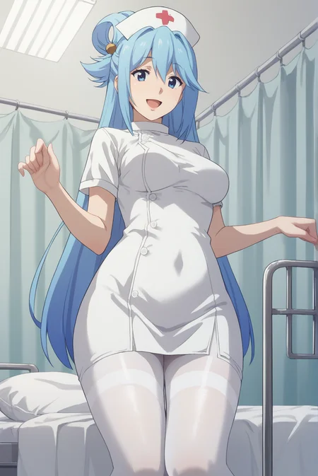 score_9, score_8_up, score_7_up, score_6_up, score_5_up, score_4_up, BREAK source_anime, 1girl, solo,
<lora:AquaXL-v1-07:0.7>, ChopioAqua, blue hair, long hair, very long hair, hair ornament, hair between eyes, blue eyes, looking at viewer, 
mature female, (thick thighs:0.8), medium breasts,
single hair ring,
outfit_5, nurse, nurse cap, white pantyhose, white dress, thighband pantyhose, 
hospital, white curtain, hospital bed, standing, smile, open mouth,
