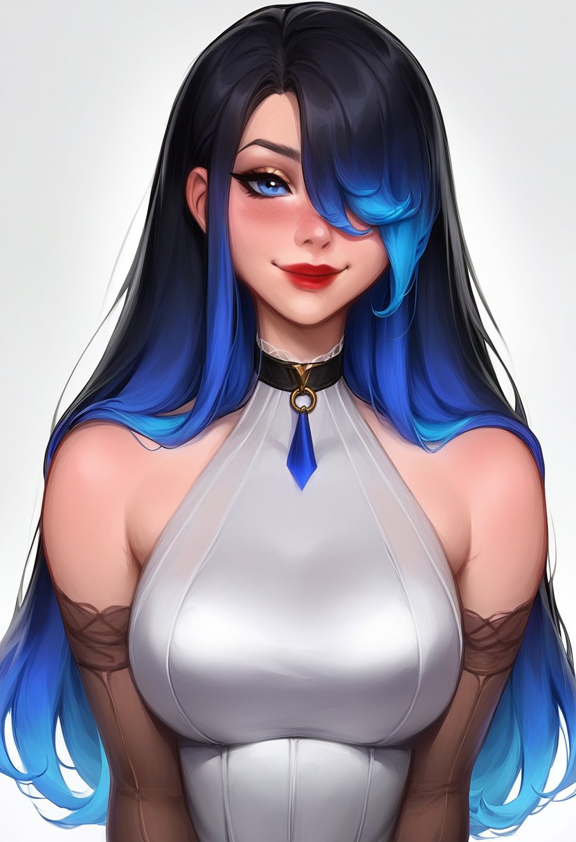score_9, score_8_up, score_7_up, 
k1itt3w, kittewartstyle, Kittew Art Style,
rating_safe, 
1girl, solo, long hair, breasts, looking at viewer, blush, smile, bangs, blue eyes, large breasts, black hair, closed dress, gloves, dress, bare shoulders, closed mouth, blue hair, upper body, multicolored hair, elbow gloves, hair over one eye, collar, lips, gradient hair, red lips,