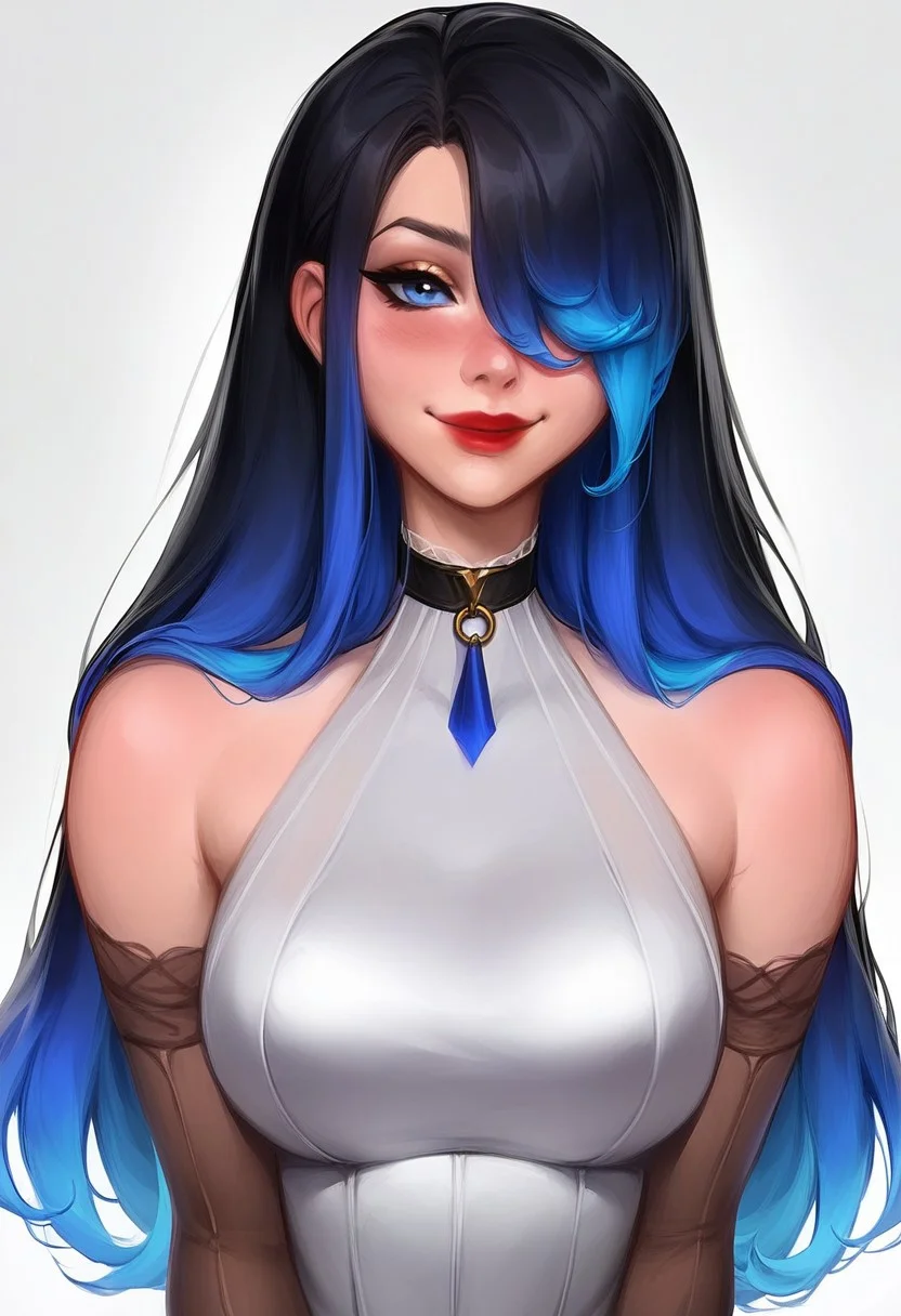 score_9, score_8_up, score_7_up,
k1itt3w, kittewartstyle, Kittew Art Style,
rating_safe,
1girl, solo, long hair, breasts, looking at viewer, blush, smile, bangs, blue eyes, large breasts, black hair, closed dress, gloves, dress, bare shoulders, closed mouth, blue hair, upper body, multicolored hair, elbow gloves, hair over one eye, collar, lips, gradient hair, red lips,