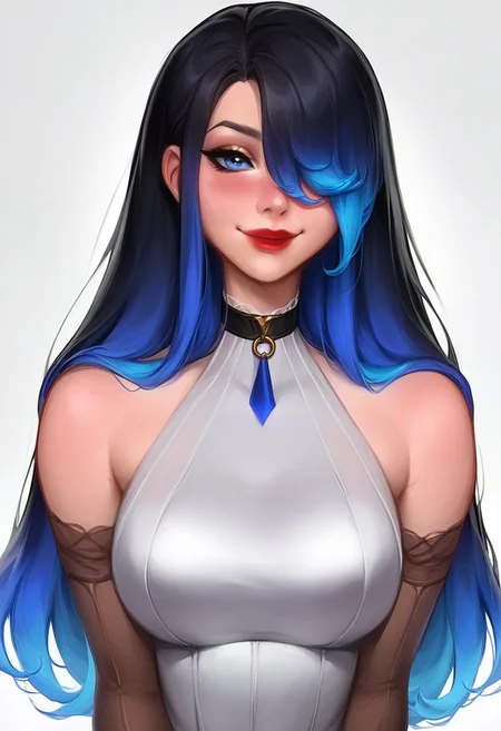 score_9, score_8_up, score_7_up,
k1itt3w, kittewartstyle, Kittew Art Style,
rating_safe,
1girl, solo, long hair, breasts, looking at viewer, blush, smile, bangs, blue eyes, large breasts, black hair, closed dress, gloves, dress, bare shoulders, closed mouth, blue hair, upper body, multicolored hair, elbow gloves, hair over one eye, collar, lips, gradient hair, red lips,