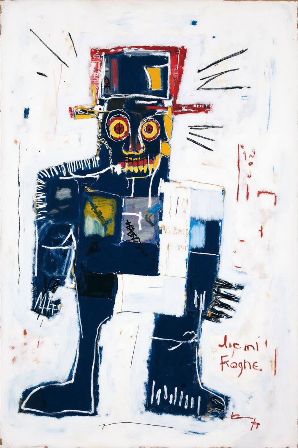 basquiat1 painting
A A robot or humanoid, made of fragmented, irregular shapes. It is weaing a top hat.
 <lora:basquiat1_cap_d6a3e11:1.0><lora:835161961563000652:0>