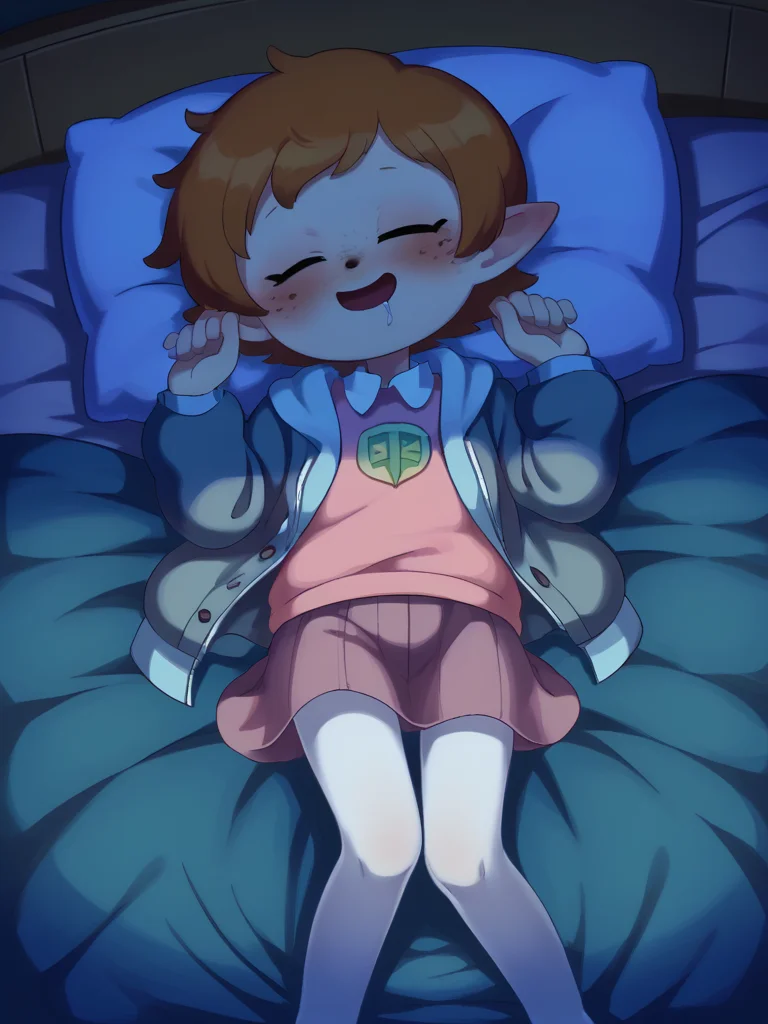 score_9, score_8_up, score_7_up, source_anime, BREAK
1girl, solo, <lora:Miwako-20:1> grey sweater, pink skirt, denim jacket, pink shirt collar, black eyes, white pantyhose, no shoes, disheveled, messy clothes, laying on back, eyes closed, asleep, open mouth, drooling, on bed, blush, light smile, night, dark, low light, <lora:lowlight:1>, <lora:Popipi:0.8> popipi, lalafell, blue eyes, ginger hair, (very short hair), freckles, pointed ears, shortstack, flat chest, brown nose, plump