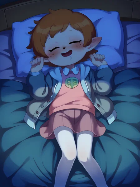 score_9, score_8_up, score_7_up, source_anime, BREAK
1girl, solo, <lora:Miwako-20:1> grey sweater, pink skirt, denim jacket, pink shirt collar, black eyes, white pantyhose, no shoes, disheveled, messy clothes, laying on back, eyes closed, asleep, open mouth, drooling, on bed, blush, light smile, night, dark, low light, <lora:lowlight:1>, <lora:Popipi:0.8> popipi, lalafell, blue eyes, ginger hair, (very short hair), freckles, pointed ears, shortstack, flat chest, brown nose, plump
